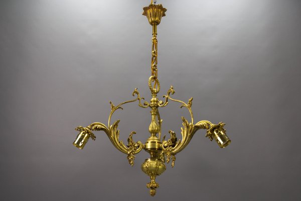 French Rococo Style Bronze and Noverdy Glass Three-Light Chandelier, 1920-KEG-1734560