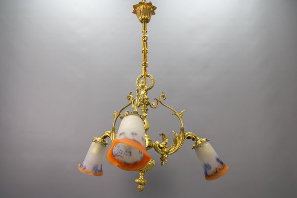 French Rococo Style Bronze and Noverdy Glass Three-Light Chandelier, 1920-KEG-1734560