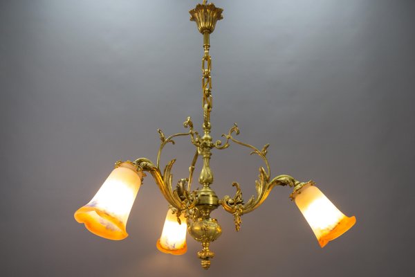 French Rococo Style Bronze and Noverdy Glass Three-Light Chandelier, 1920-KEG-1734560