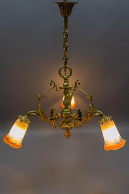 French Rococo Style Bronze and Noverdy Glass Three-Light Chandelier, 1920-KEG-1734560