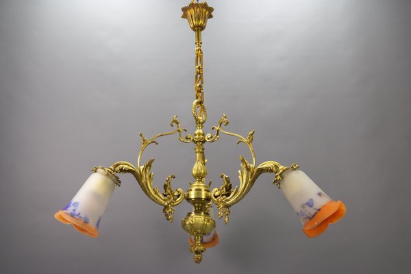 French Rococo Style Bronze and Noverdy Glass Three-Light Chandelier, 1920-KEG-1734560