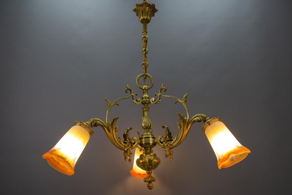 French Rococo Style Bronze and Noverdy Glass Three-Light Chandelier, 1920-KEG-1734560