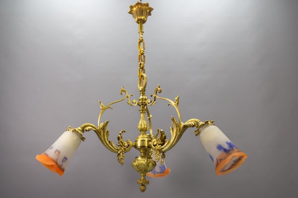 French Rococo Style Bronze and Noverdy Glass Three-Light Chandelier, 1920-KEG-1734560