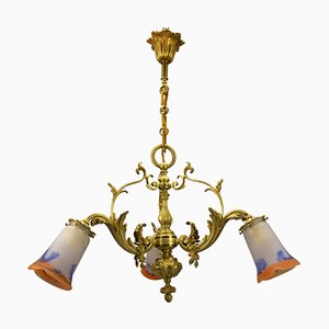 French Rococo Style Bronze and Noverdy Glass Three-Light Chandelier, 1920-KEG-1734560