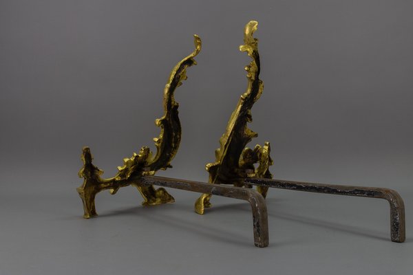 French Rococo Style Gilt Bronze and Iron Firedogs, 1890s, Set of 2-KEG-1717716