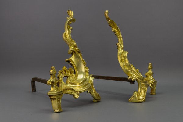 French Rococo Style Gilt Bronze and Iron Firedogs, 1890s, Set of 2-KEG-1717716