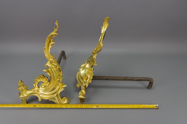 French Rococo Style Gilt Bronze and Iron Firedogs, 1890s, Set of 2-KEG-1717716