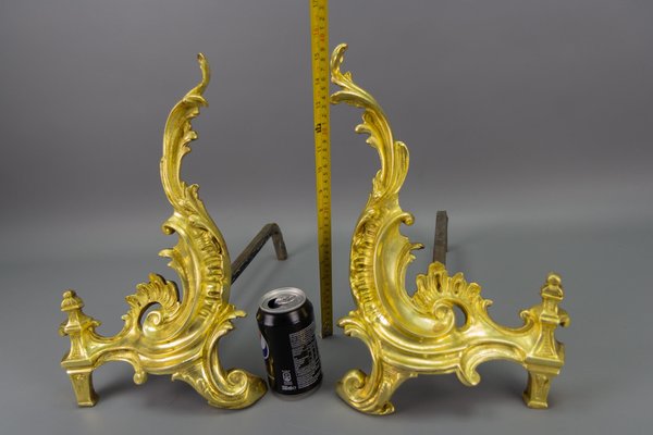 French Rococo Style Gilt Bronze and Iron Firedogs, 1890s, Set of 2-KEG-1717716