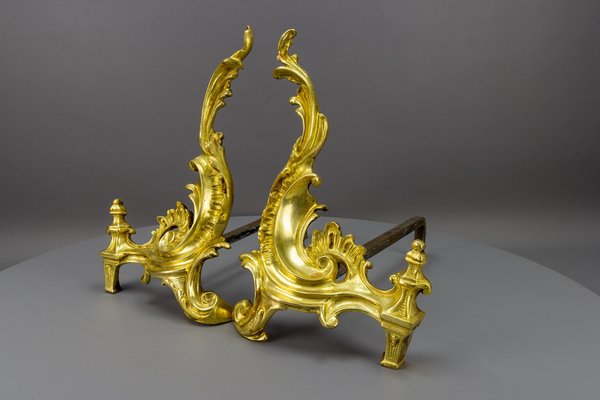 French Rococo Style Gilt Bronze and Iron Firedogs, 1890s, Set of 2-KEG-1717716