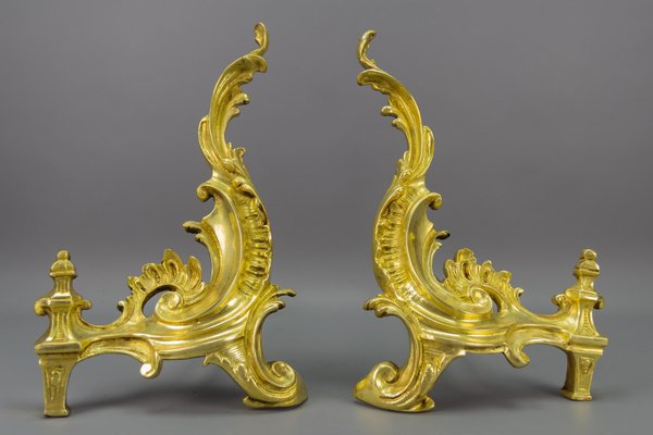 French Rococo Style Gilt Bronze and Iron Firedogs, 1890s, Set of 2-KEG-1717716