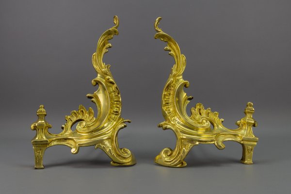 French Rococo Style Gilt Bronze and Iron Firedogs, 1890s, Set of 2-KEG-1717716