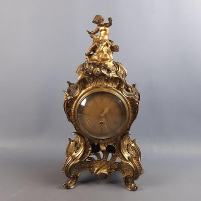 French Rococo Style Golden Brass Mechanical Clock by D. Masson, 1950-PWG-2034794