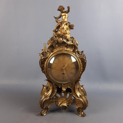 French Rococo Style Golden Brass Mechanical Clock by D. Masson, 1950-PWG-2034794