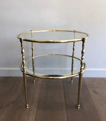 French Round Brass Side Table with Glass Shelves Surrounded by Silvered Mirror, 1970s-BA-697574