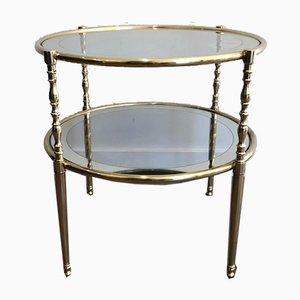 French Round Brass Side Table with Glass Shelves Surrounded by Silvered Mirror, 1970s-BA-697574