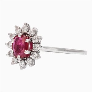 French Ruby & White Sapphires 18 Karat White Gold Daisy Ring, 1970s-OLU-1762599