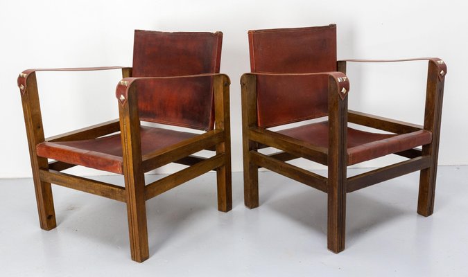 French Safari Style Chairs in Leather and Beech, 1940, Set of 2-RIU-1427415