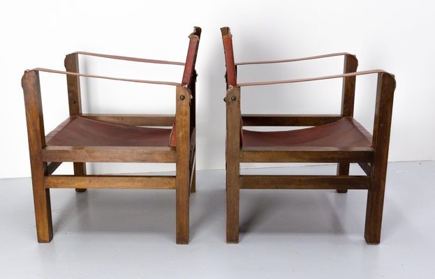 French Safari Style Chairs in Leather and Beech, 1940, Set of 2-RIU-1427415