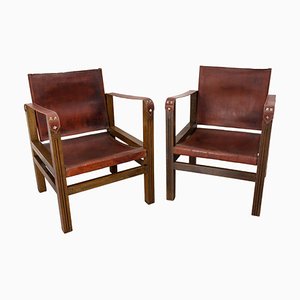 French Safari Style Chairs in Leather and Beech, 1940, Set of 2-RIU-1427415