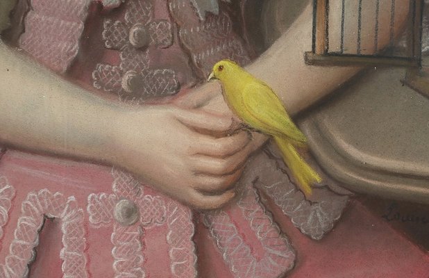 French School Artist, The Girl with the Canary, 19th Century, Pastel, Framed-RVK-1819266