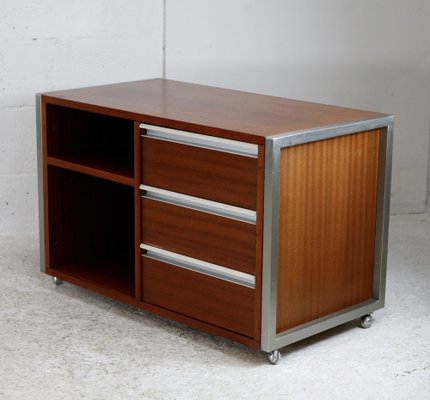 French Solid Wood Polished Steel Storage Cabinet from Henri Lewser & Claude Gaillard, 1970s-MAO-1209437