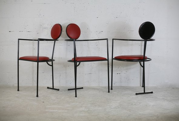 French Steel and Leather Armchairs, 1980s, Set of 3-MAO-1109584