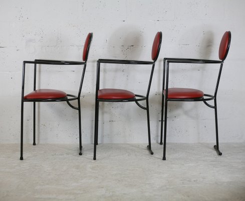 French Steel and Leather Armchairs, 1980s, Set of 3-MAO-1109584