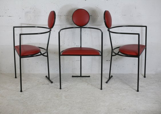 French Steel and Leather Armchairs, 1980s, Set of 3-MAO-1109584