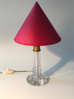 French Table Lamp with Cut Glass Base and Red Silk Shade, 1940s-BAF-763409