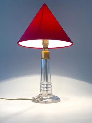 French Table Lamp with Cut Glass Base and Red Silk Shade, 1940s-BAF-763409