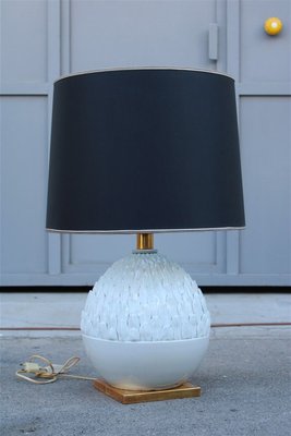 French Table Lamp with Pinecone in Porcelain, Brass & Black Silk in the Style of Maison Jansen, 1970s-EH-699733