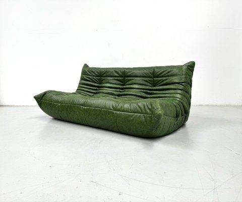 French Three-Seater Togo Sofa in Forest Green Leather by Michel Ducaroy for Ligne Roset.-XLZ-2028911