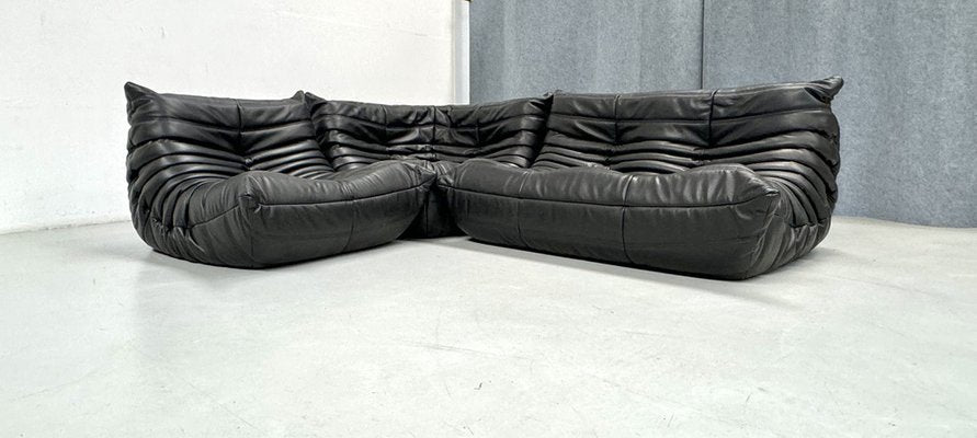 French Togo Living Room Set in Black Leather by Michel Ducaroy for Ligne Roset., Set of 3-XLZ-2041174