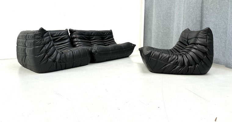 French Togo Living Room Set in Black Leather by Michel Ducaroy for Ligne Roset., Set of 3-XLZ-2041174