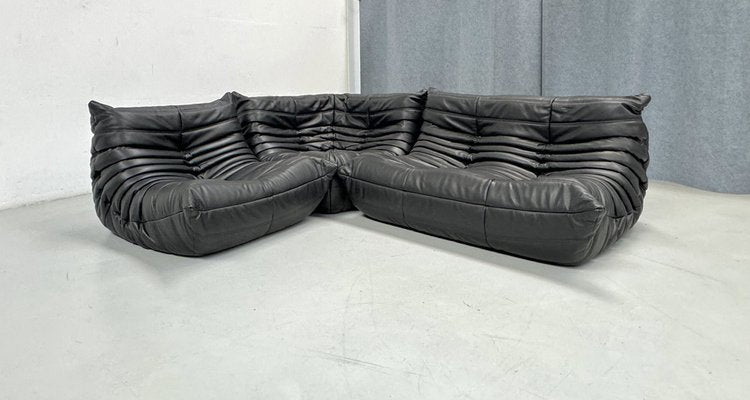 French Togo Living Room Set in Black Leather by Michel Ducaroy for Ligne Roset., Set of 3-XLZ-2041174