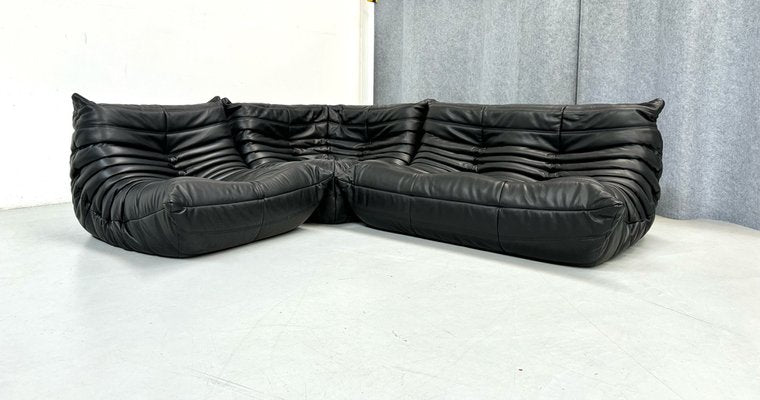 French Togo Living Room Set in Black Leather by Michel Ducaroy for Ligne Roset., Set of 3-XLZ-2041174