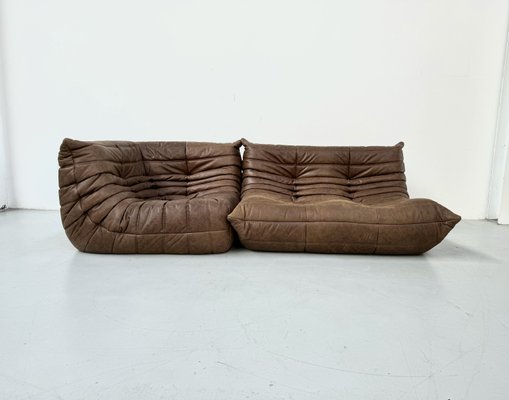 French Togo Living Room Set in Brown Pull Up Leather by Michel Ducaroy for Ligne Roset, Set of 3-XLZ-2029019