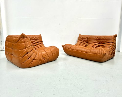 French Togo Living Room Set in Burnt Orange Leather by Michel Ducaroy for Ligne Roset, 1970s, Set of 2-XLZ-2026861