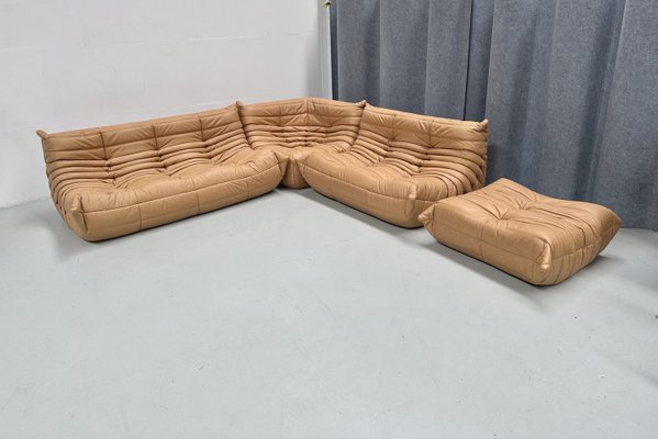 French Togo Living Room Set in Camel Brown Leather by Michel Ducaroy for Ligne Roset., Set of 4-XLZ-2031415