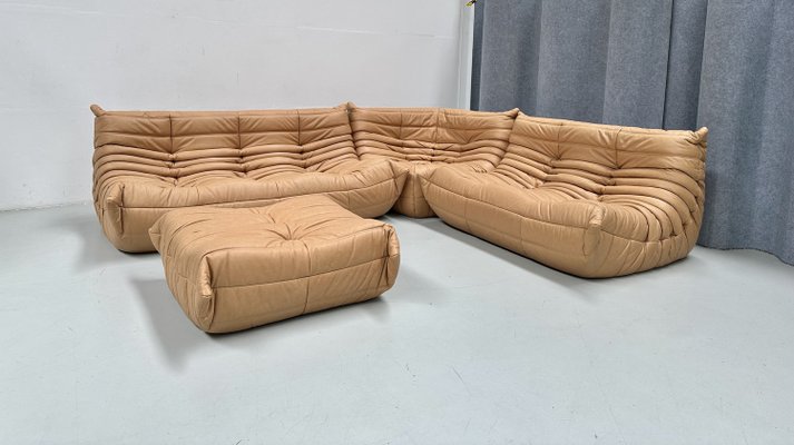 French Togo Living Room Set in Camel Brown Leather by Michel Ducaroy for Ligne Roset., Set of 4-XLZ-2031415