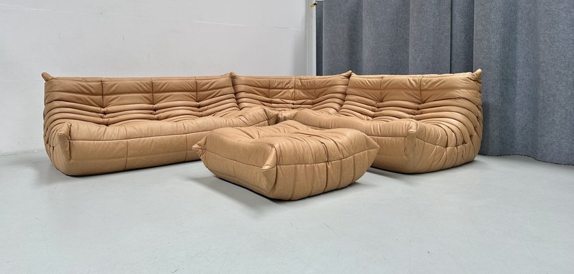 French Togo Living Room Set in Camel Brown Leather by Michel Ducaroy for Ligne Roset., Set of 4-XLZ-2031415