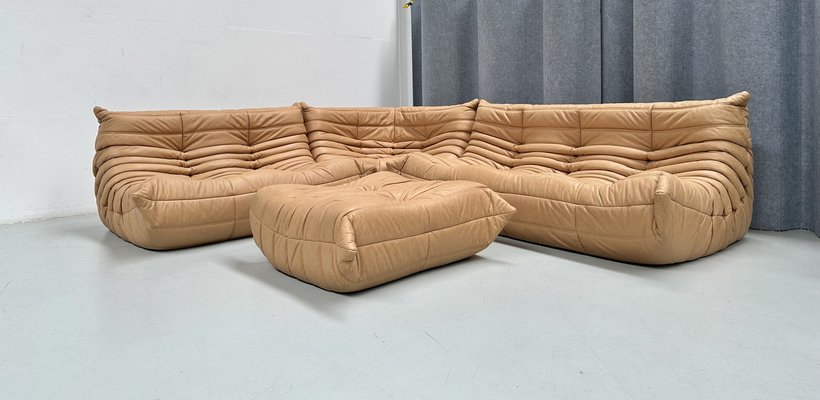 French Togo Living Room Set in Camel Brown Leather by Michel Ducaroy for Ligne Roset., Set of 4-XLZ-2031415