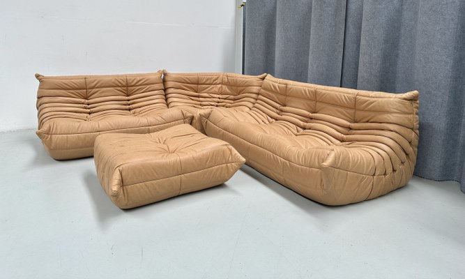 French Togo Living Room Set in Camel Brown Leather by Michel Ducaroy for Ligne Roset., Set of 4-XLZ-2031415