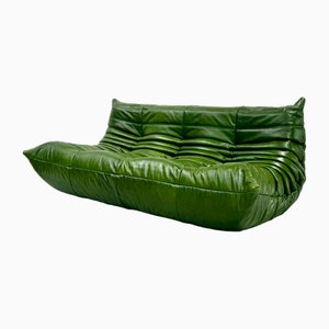 French Togo Three-Seater Sofa in Green Leather by Michel Ducaroy for Ligne Roset-XLZ-2020015