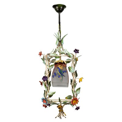 French Tole and Glass Polychrome Pastel Flower Cage Pendant Light, 1950s-KEG-1367635