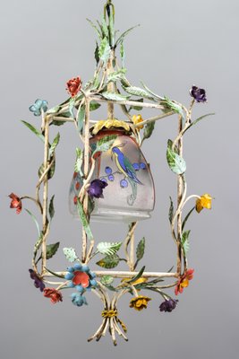 French Tole and Glass Polychrome Pastel Flower Cage Pendant Light, 1950s-KEG-1367635