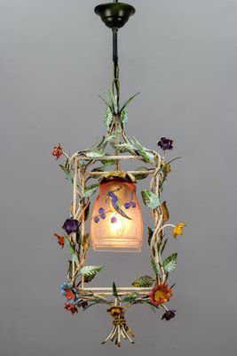 French Tole and Glass Polychrome Pastel Flower Cage Pendant Light, 1950s-KEG-1367635