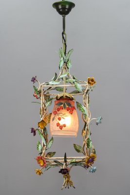 French Tole and Glass Polychrome Pastel Flower Cage Pendant Light, 1950s-KEG-1367635