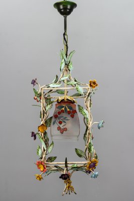 French Tole and Glass Polychrome Pastel Flower Cage Pendant Light, 1950s-KEG-1367635