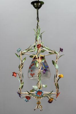 French Tole and Glass Polychrome Pastel Flower Cage Pendant Light, 1950s-KEG-1367635